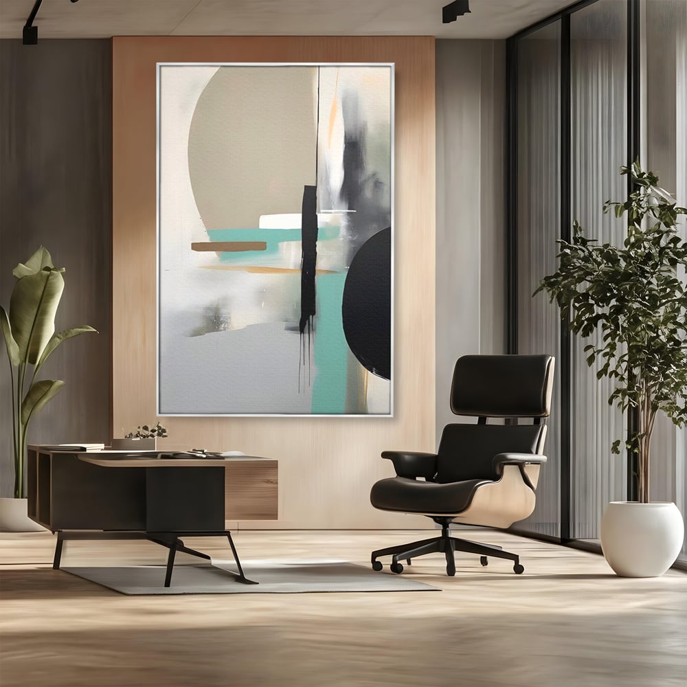 Tablou canvas cu tablou canvas cu forme abstracte, in rama de aluminiu argintiu, pe perete intr-un birou